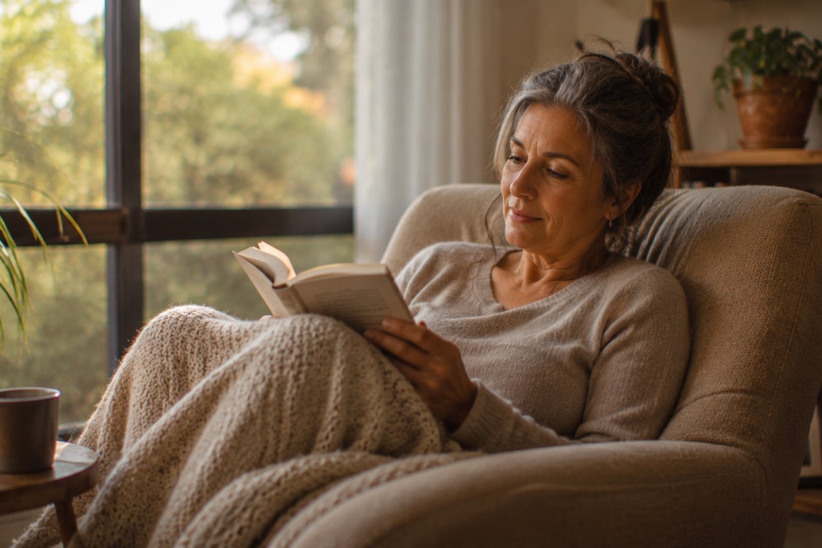 mujer madura relajado leyendo en un sillón cómodo